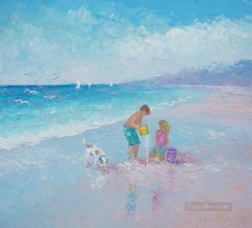 boy and girl with dog on beach Child impressionism Oil Paintings